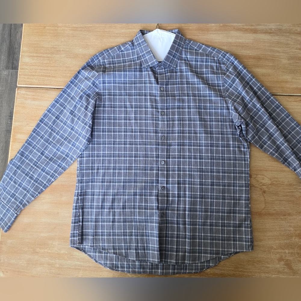 Zachary Prell Gray Plaid Button Up Shirt XL Woven in Italy Fabric Long Sleeve